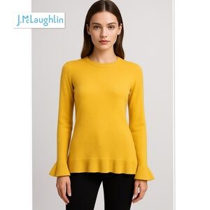 J McLaughlin Kearns Cashmere Yellow Pullover Sweater Crewneck Ruffle Trim XS